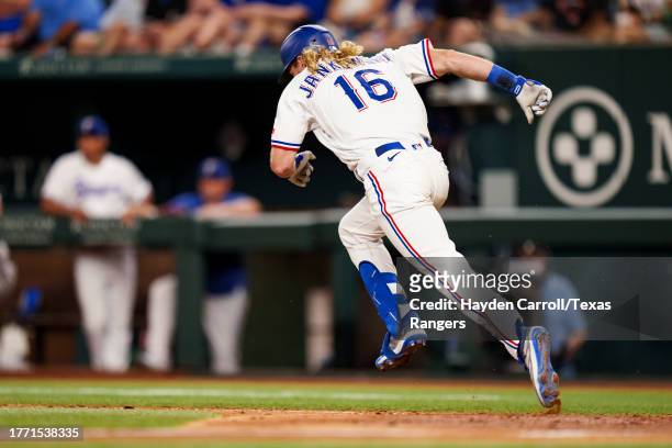 Travis Jankowski of the Texas Rangers runs during a game against the Los Angeles Angels at Globe Life Field on August 16, 2023 in Arlington, Texas.