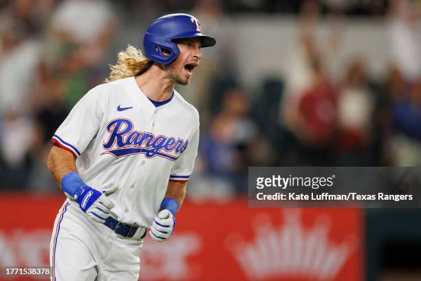 Travis Jankowski of the Texas Rangers celebrates during a game against the Los Angeles Angels at Globe Life Field on August 16, 2023 in Arlington,...