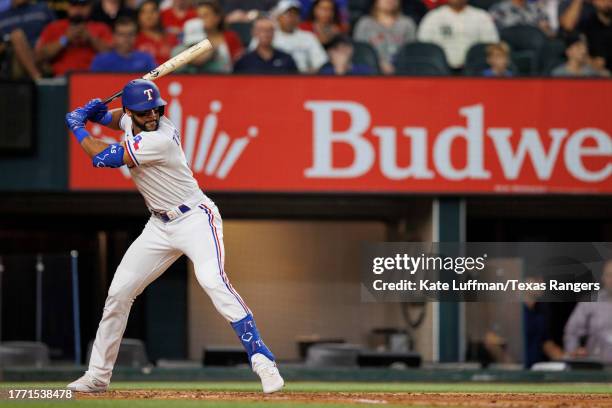 Leody Taveras of the Texas Rangers bats during a game against the Los Angeles Angels at Globe Life Field on August 16, 2023 in Arlington, Texas.