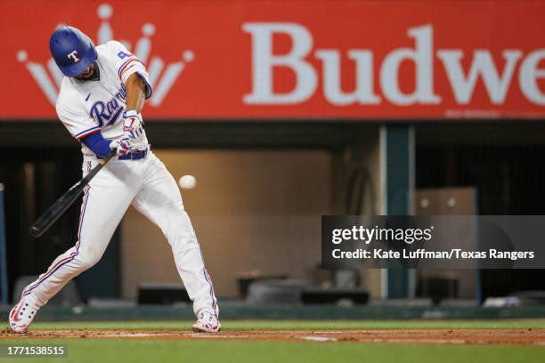 Marcus Semien of the Texas Rangers bats during a game against the Los Angeles Angels at Globe Life Field on August 16, 2023 in Arlington, Texas.