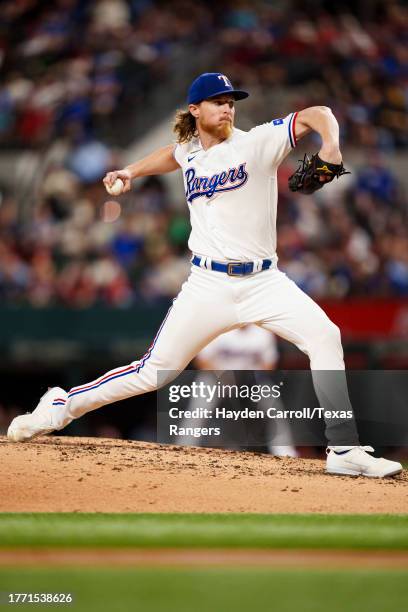 Jon Gray of the Texas Rangers delivers a pitch during a game against the Los Angeles Angels at Globe Life Field on August 16, 2023 in Arlington,...