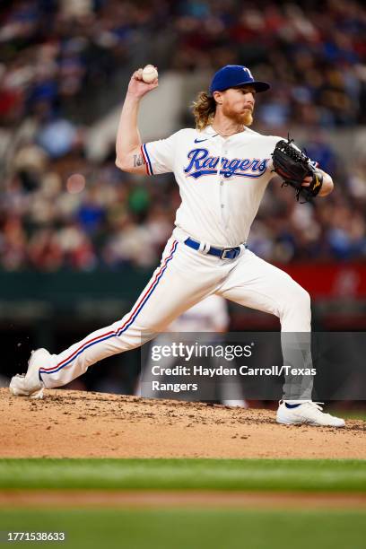 Jon Gray of the Texas Rangers delivers a pitch during a game against the Los Angeles Angels at Globe Life Field on August 16, 2023 in Arlington,...