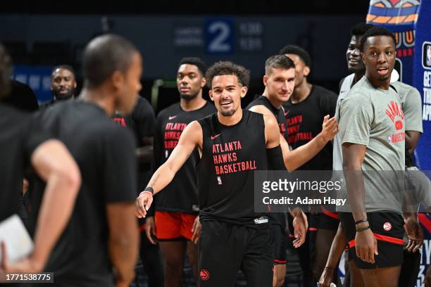 Trae Young of the Atlanta Hawks smiles during practice and media availability as part of 2023 NBA Mexico Games on November 8, 2023 at Arena Ciudad de...