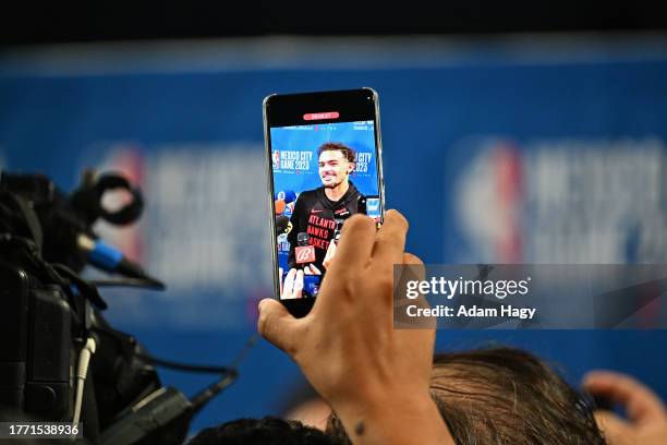 Trae Young of the Atlanta Hawks speaks to the media during practice and media availability as part of 2023 NBA Mexico Games on November 8, 2023 at...