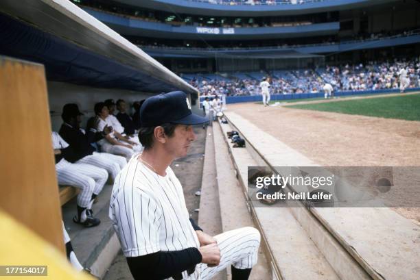 New York Yankees manager Billy Martin in dugout during game vs Toronto Blue Jays at Yankee Stadium. Bronx, NY 4/21/1977 CREDIT: Neil Leifer