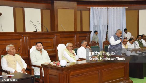 Bihar Chief Minister Nitish Kumar along with Bihar Deputy CM Tejashwi Yadav during Grand Alliance meeting at Central hall on November 8, 2023 in...