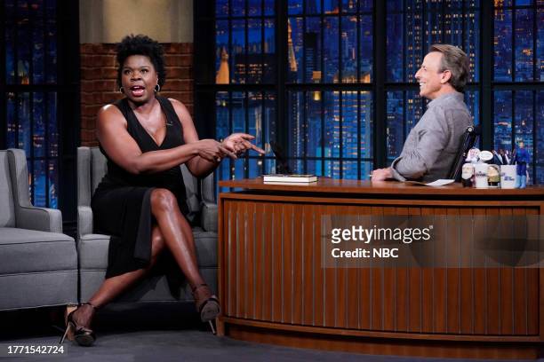 Episode 1444 -- Pictured: Comedian Leslie Jones during an interview with host Seth Meyers on November 8, 2023 --