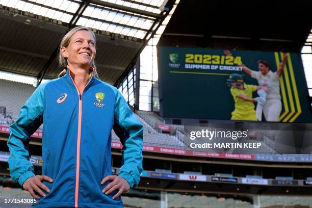 This file picture taken on May 15, 2023 shows Meg Lanning, captain of the Australian women's cricket team, posing for a photo during a press...