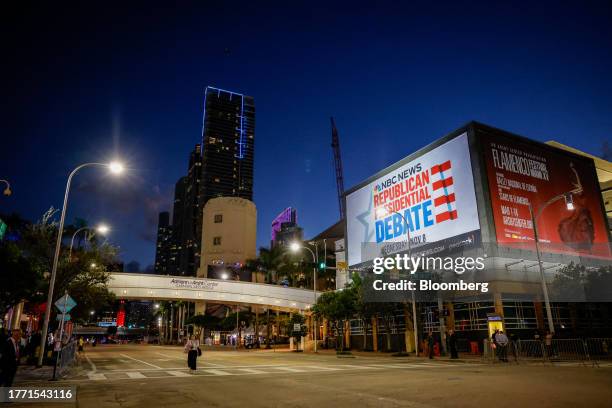 Signage outside the Adrienne Arsht Center for the Performing Arts of Miami-Dade County ahead of the Republican primary presidential debate hosted by...