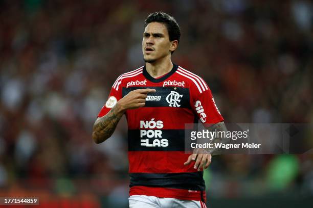 Pedro of Flamengo celebrates after scoring the first goal of his team during the match between Flamengo and Palmeiras as part of Brasileirao 2023 at...