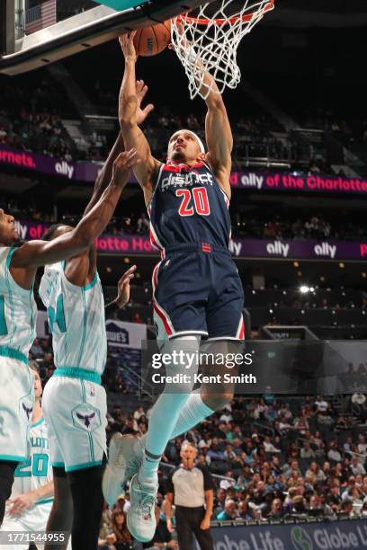 Landry Shamet of the Washington Wizards drives to the basket during the game against the Charlotte Hornets on November 8, 2023 at Spectrum Center in...