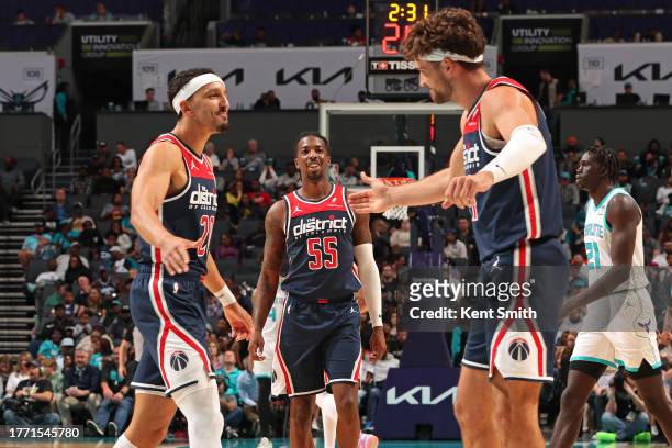 Corey Kispert and Landry Shamet of the Washington Wizards celebrates during the game against the Charlotte Hornets on November 8, 2023 at Spectrum...
