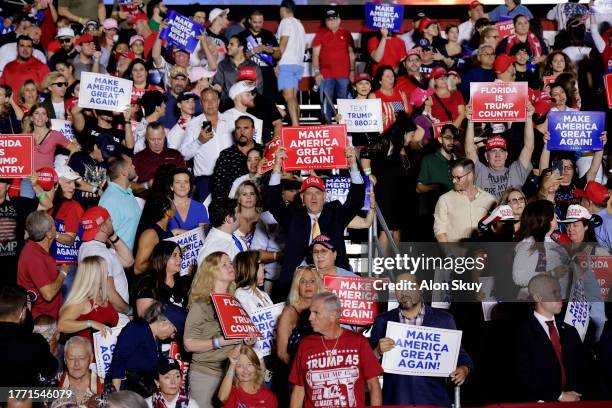 Supporters arrive as former U.S. President Donald Trump is set to deliver remarks at The Ted Hendricks Stadium at Henry Milander Park on November 8,...