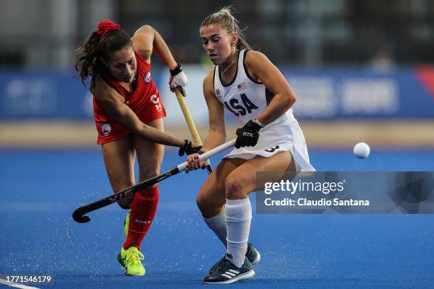 Fernanda Flores of Team Chile competes against Ashley Hoffman of Team USA during the Field Hockey - Women’s Team Semifinals at Parque Deportivo...