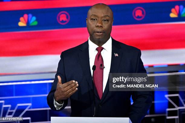 Senator from South Carolina Tim Scott speaks during the third Republican presidential primary debate at the Knight Concert Hall at the Adrienne Arsht...