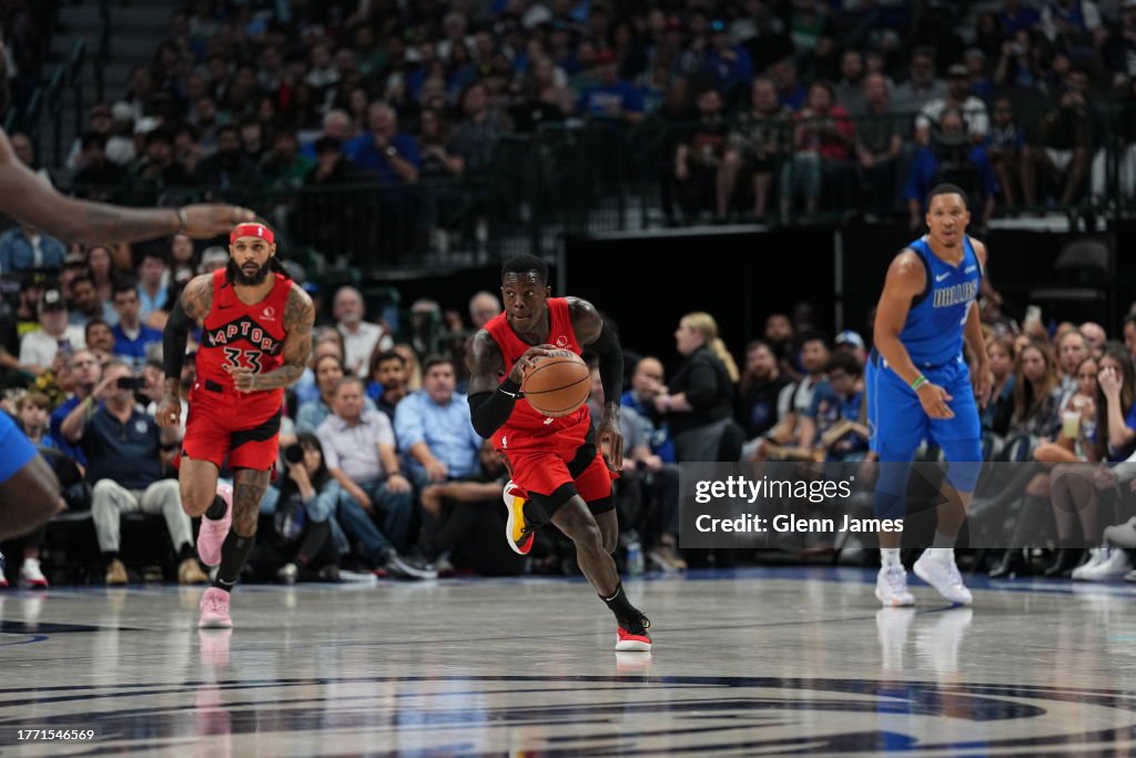 Dallas Raptors Dennis Schroder of the Toronto Raptors brings the ball up court... News ...
