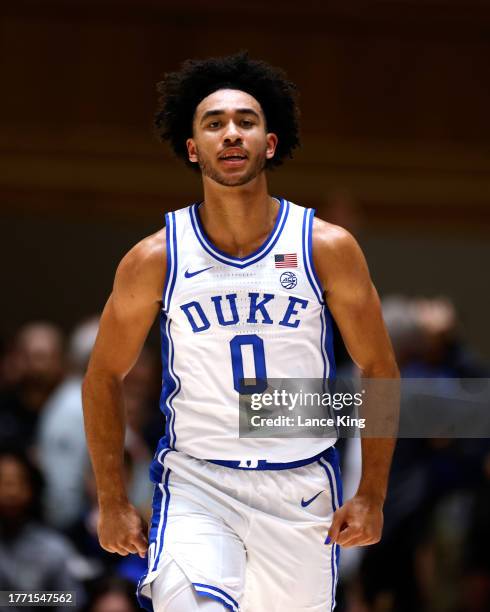 Jared McCain of the Duke Blue Devils reacts following a three-point basket against the Dartmouth Big Green at Cameron Indoor Stadium on November 6,...