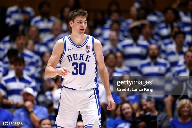 Kyle Filipowski of the Duke Blue Devils reacts following a play against the Dartmouth Big Green at Cameron Indoor Stadium on November 6, 2023 in...