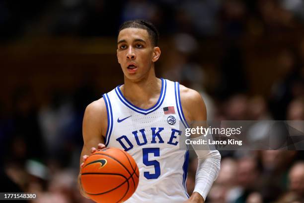 Tyrese Proctor of the Duke Blue Devils dribbles up court against the Dartmouth Big Green at Cameron Indoor Stadium on November 6, 2023 in Durham,...