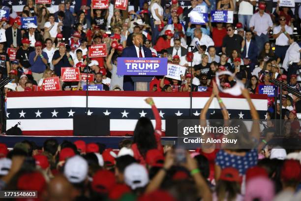 Former U.S. President Donald Trump delivers remarks at The Ted Hendricks Stadium at Henry Milander Park on November 8, 2023 in Hialeah, Florida. Even...