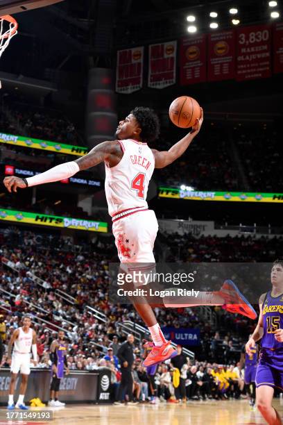 Jalen Green of the Houston Rockets drives to the basket during the game against the Los Angeles Lakers on November 8, 2023 at the Toyota Center in...