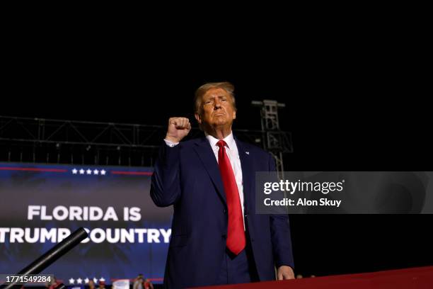 Former U.S. President Donald Trump holds a rally at The Ted Hendricks Stadium at Henry Milander Park on November 8, 2023 in Hialeah, Florida. Even as...