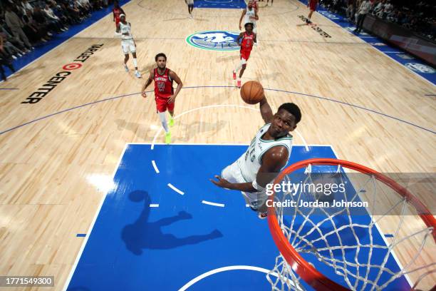 Anthony Edwards of the Minnesota Timberwolves dunks the ball during the game against the New Orleans Pelicans on November 8, 2023 at Target Center in...