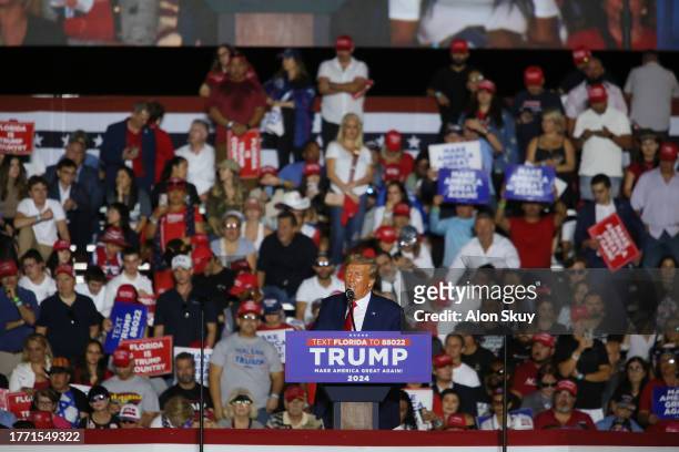 Former U.S. President Donald Trump delivers remarks during a rally at The Ted Hendricks Stadium at Henry Milander Park on November 8, 2023 in...