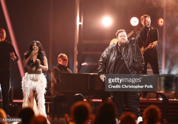 Michelle and Jelly Roll performs onstage at The 57th Annual CMA Awards at Bridgestone Arena in Nashville, Tennessee on November 8, 2023.