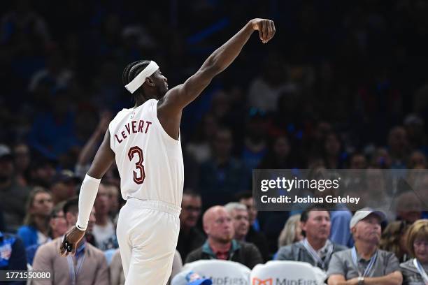 Caris LeVert of the Cleveland Cavaliers reacts after making a shot in the first half against the Oklahoma City Thunder at Paycom Center on November...