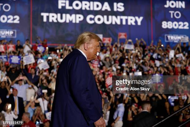 Former U.S. President Donald Trump holds a rally at The Ted Hendricks Stadium at Henry Milander Park on November 8, 2023 in Hialeah, Florida. Even as...