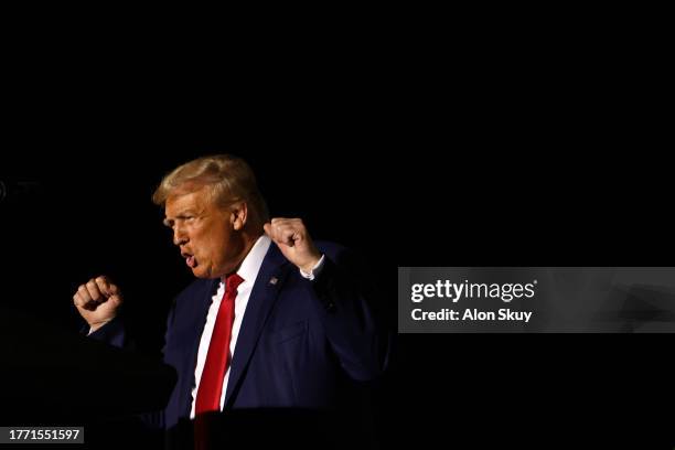 Former U.S. President Donald Trump speaks during a campaign rally at The Ted Hendricks Stadium at Henry Milander Park on November 8, 2023 in Hialeah,...