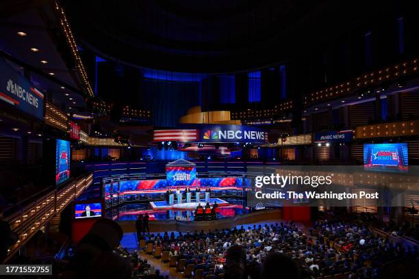 Wide view of the stage during the Republican Presidential Debate at the Adrienne Arsht Center for the Performing Arts on November 8, 2023.