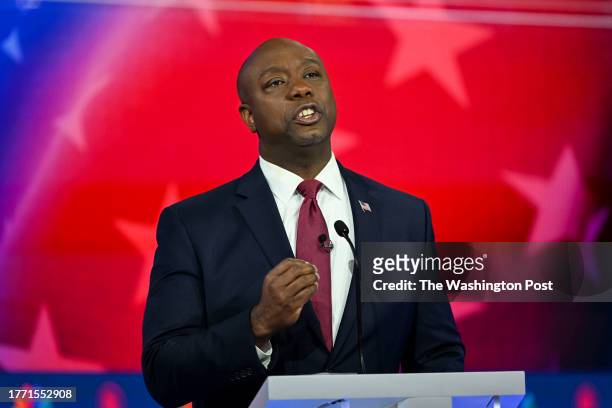 Sen. Tim Scott of South Carolina speaks during the Republican Presidential Debate at the Adrienne Arsht Center for the Performing Arts on November 8,...