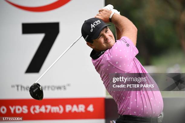 S Patrick Reed hits a shot on day one of the Hong Kong Open golf tournament at Fanling Golf Course in Hong Kong on November 9, 2023.