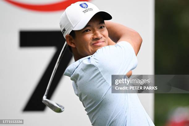 Hong Kong's Taichi Kho hits a shot on day one of the Hong Kong Open golf tournament at Fanling Golf Course in Hong Kong on November 9, 2023.