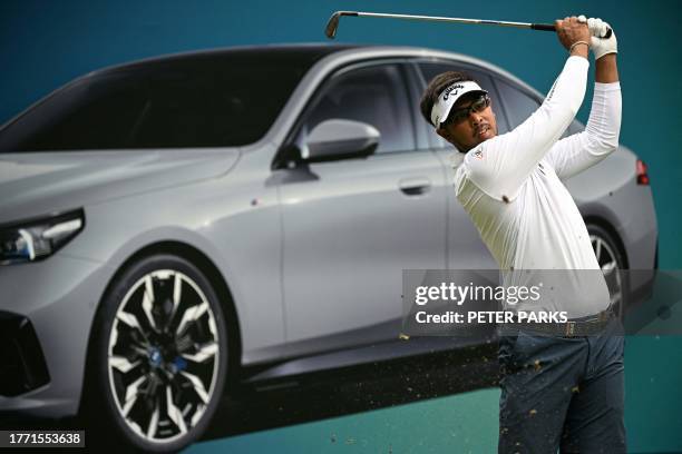 Thailand's Sarit Suwannarut hits a shot on day one of the Hong Kong Open golf tournament at Fanling Golf Course in Hong Kong on November 9, 2023.