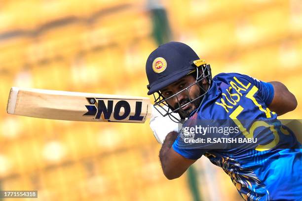 Sri Lanka's Kusal Perera plays a shot during the 2023 ICC Men's Cricket World Cup one-day international match between New Zealand and Sri Lanka at...