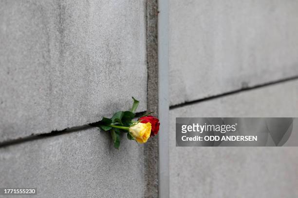 Roses placed in the wall by Crown Prince Haakon of Norway and Crown Princess Mette-Marit of Norway are seen during festivities at the Berlin Wall...