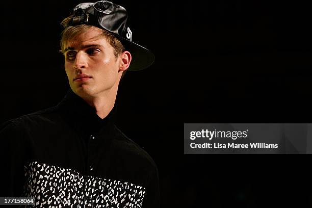 Model showcases designs by General Pants Co. On the runway at the General Pants show during Mercedes-Benz Fashion Festival Sydney 2013 at Sydney Town...