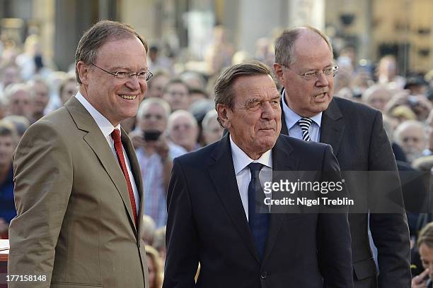 German Social Democrats Lower Saxony Governor Stephan Weil, candidate for Chancellor Peer Steinbrueck and former German Chancellor Gerhard Schroeder...