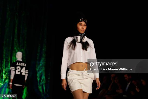 Model showcases designs by General Pants Co. On the runway at the General Pants show during Mercedes-Benz Fashion Festival Sydney 2013 at Sydney Town...