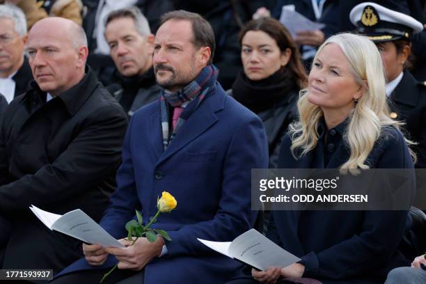 Berlin's mayor Kai Wegner, Crown Prince Haakon of Norway and Crown Princess Mette-Marit of Norway attend a commemoration for the 34th anniversary of...