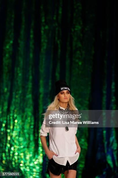 Model showcases designs by General Pants Co. On the runway at the General Pants show during Mercedes-Benz Fashion Festival Sydney 2013 at Sydney Town...