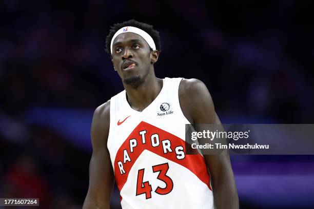 Pascal Siakam of the Toronto Raptors looks on during the second quarter against the Philadelphia 76ers at the Wells Fargo Center on November 02, 2023...