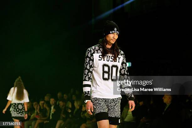 Model showcases designs by General Pants Co. On the runway at the General Pants show during Mercedes-Benz Fashion Festival Sydney 2013 at Sydney Town...