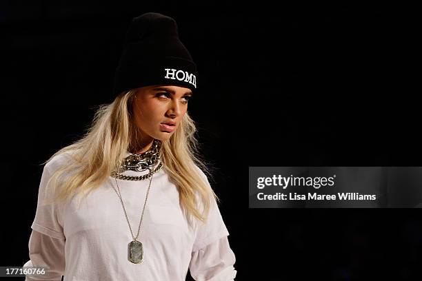 Model showcases designs by General Pants Co. On the runway at the General Pants show during Mercedes-Benz Fashion Festival Sydney 2013 at Sydney Town...