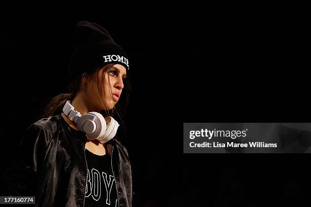 Model showcases designs by General Pants Co. On the runway at the General Pants show during Mercedes-Benz Fashion Festival Sydney 2013 at Sydney Town...