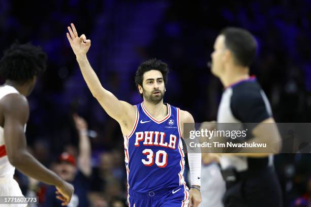 Furkan Korkmaz of the Philadelphia 76ers reacts after scoring during the second quarter against the Toronto Raptors at the Wells Fargo Center on...