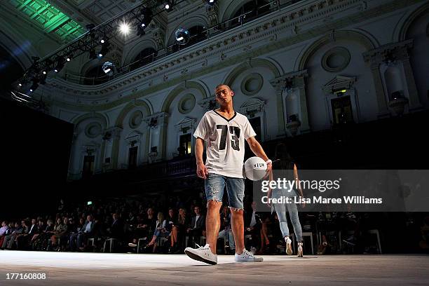 Model showcases designs by General Pants Co. On the runway at the General Pants show during Mercedes-Benz Fashion Festival Sydney 2013 at Sydney Town...